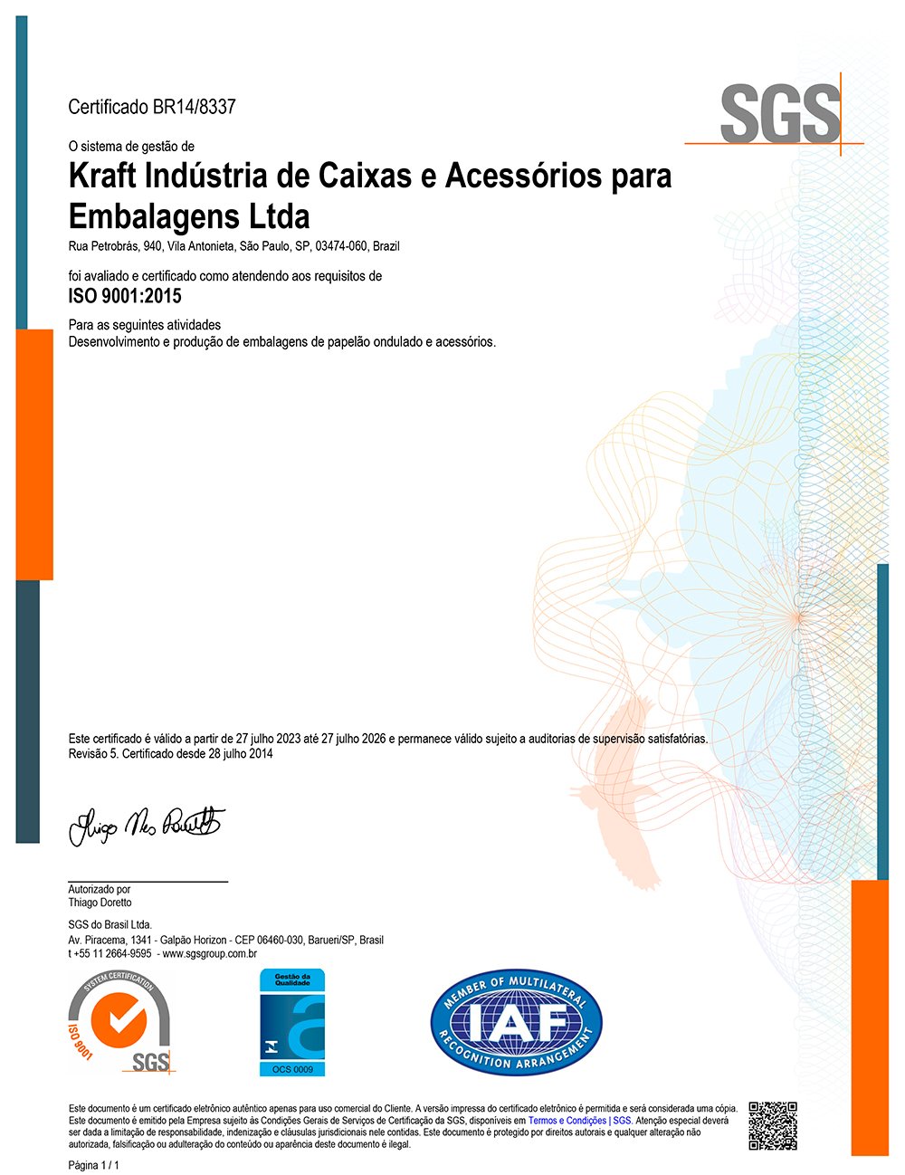 Certificado ISO 9001:2015 BR14/8337 emitido pela SGS — página 1