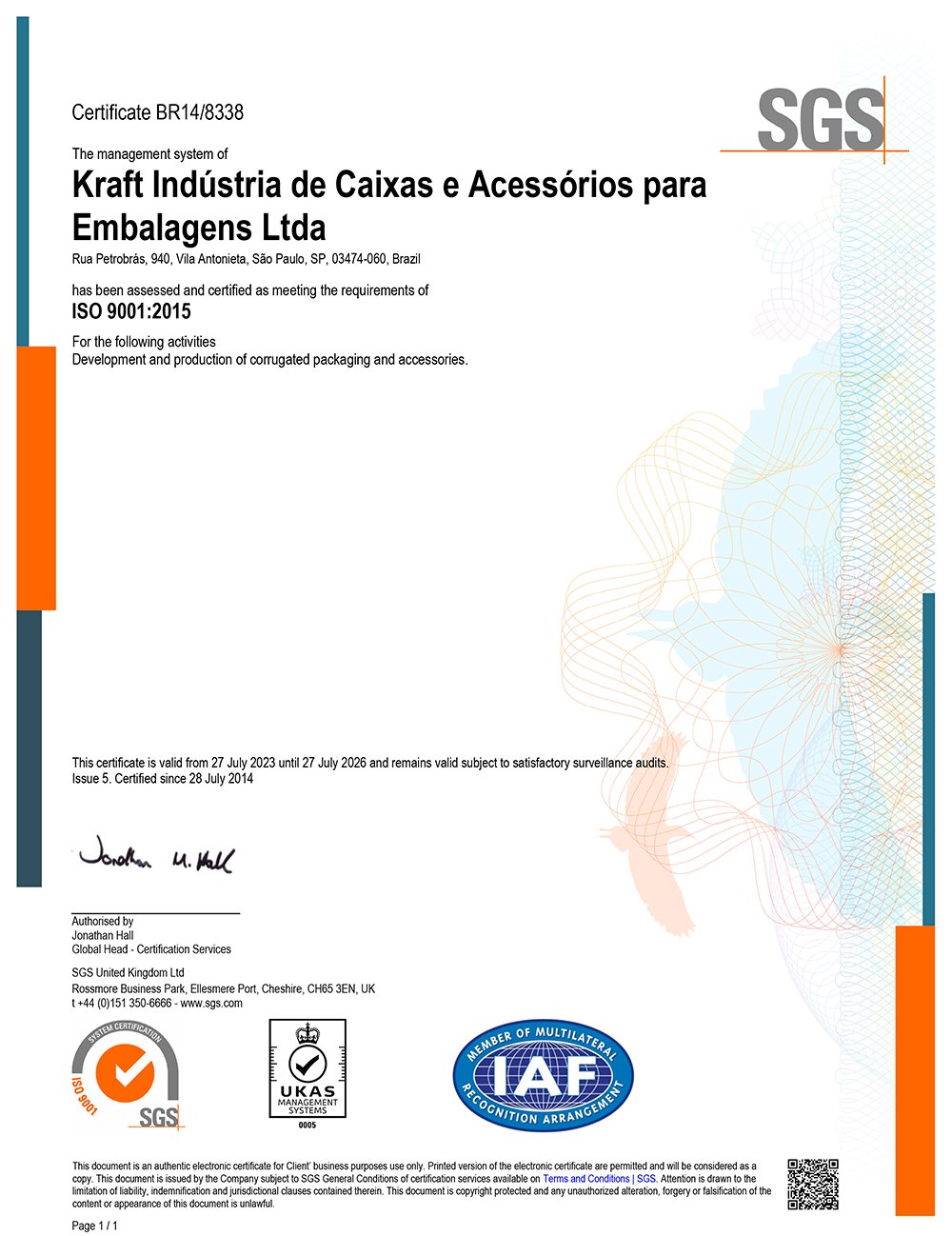 Certificado ISO 9001:2015 BR14/8337 emitido pela SGS — página 2